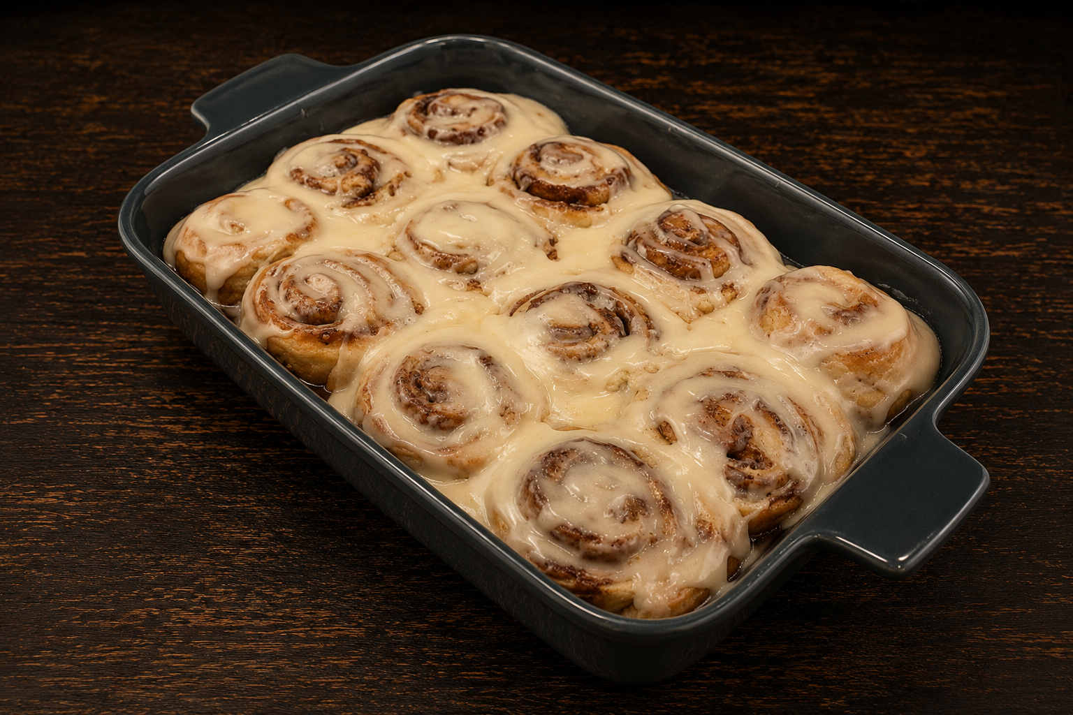 Tray of iced cinnamon rolls
