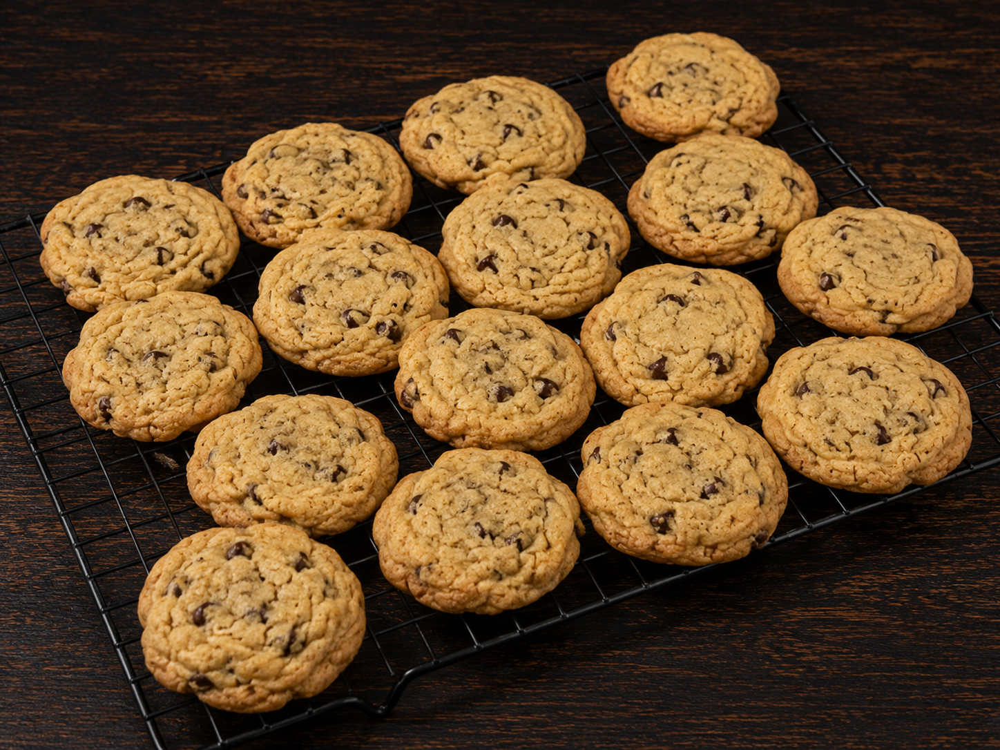 Chocolate chip cookies on a cooling rack